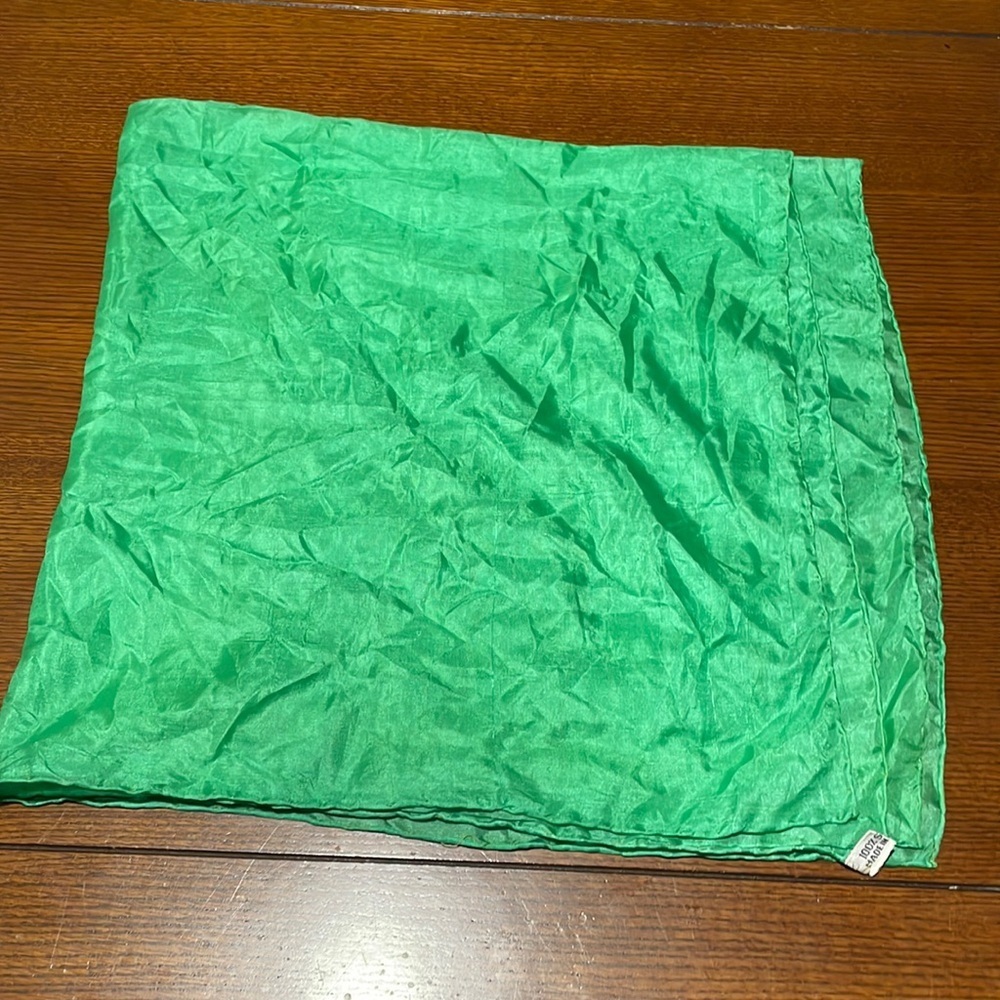 Green Vintage silk square scarf.  34 inch   Rolled edges